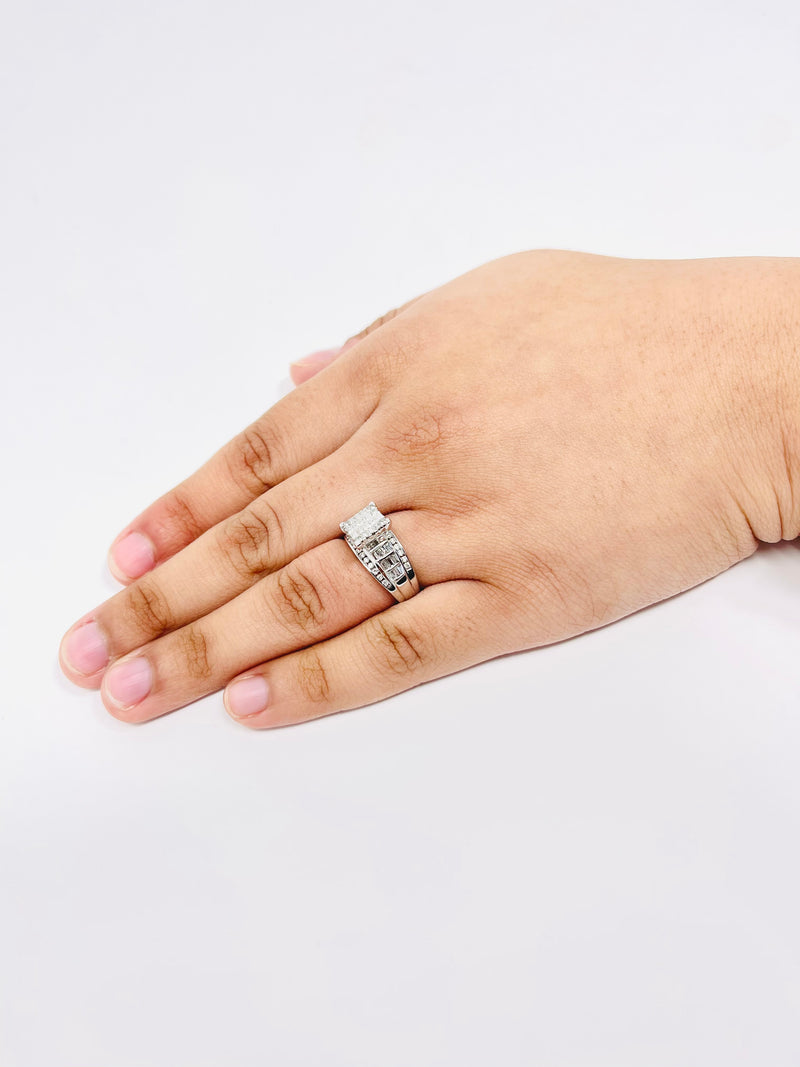 10K White Gold Princess Square Diamond Cluster Bridal Wedding Engagement Ring 2Ct