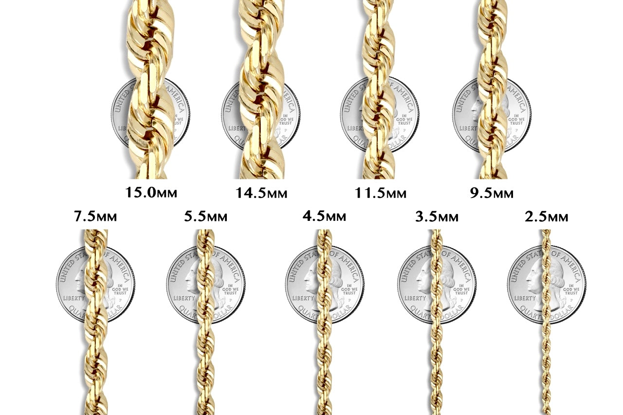 10K Yellow Gold 1.5mm-10mm Diamond Cut Rope Chain Necklace 14"-  30" Hollow